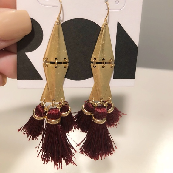 Maroon & Gold Tassel Earrings • Brand new!! - Picture 2 of 6